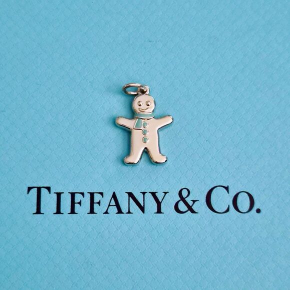 RARE Tiffany & Co. Blue Enamel Silver Gingerbread Man Christmas Charm Pendant - Picture 1 of 4